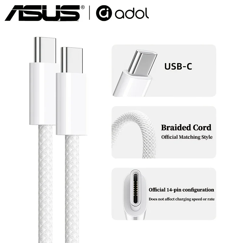 ASUS PD 60W USB C to Type C Fast Charging Cable for Apple iPhone 17 16 15 Pro Max Quick Wire Charging Data Cable Nylon Braided