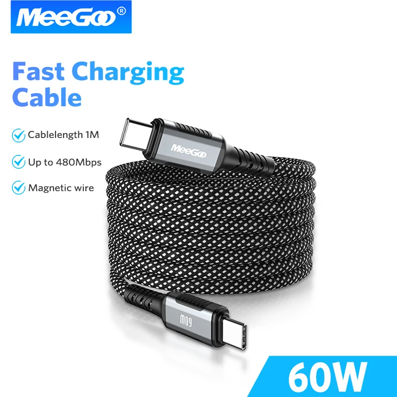 MeeGoo 60W PD Type C to C Fast Charging Magnetic Self Winding Cable, Compatible Xiaomi iPhone Samsung Huawei Macbook PC Table