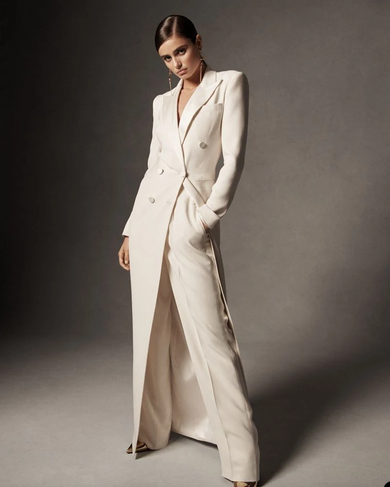 Allingentle Women's Double Breasted Long Blazer and Wide Leg Pants Set Elegant Suits Tailored White 2 Pieces Customized