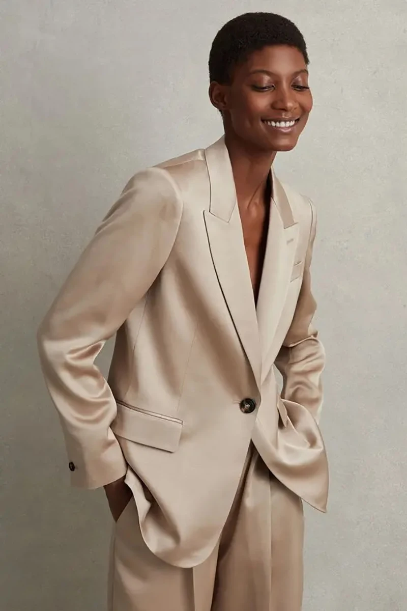 Allingentle Silk Satin Women Suits Set 2 Pieces Blazer Jacket One Button Leisure Style Oversize Wide Leg Pantsuits Customize