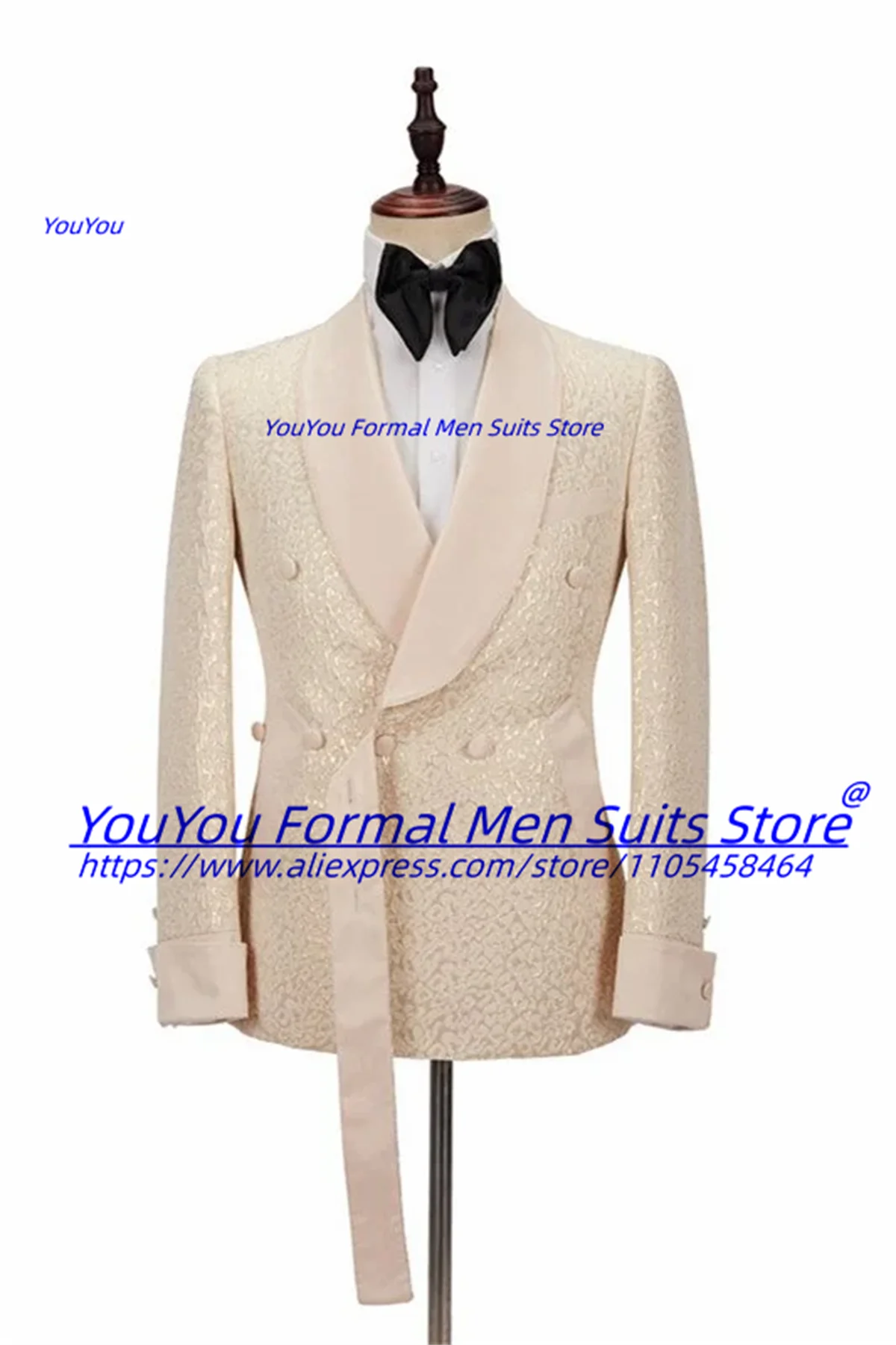Elegant Champagne Shawl Lapel Jacquard Groom Wedding Tuxedos Slim Fit Double Breasted Men Suit 2 Pieces Sets trajes para hombre