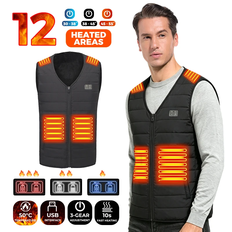 12 Heating Areas USB Heated Vest Unisex Winter Electric Heating Jacket Carbon Fiber 3 Gear Temperature Control Outdoor Skiing