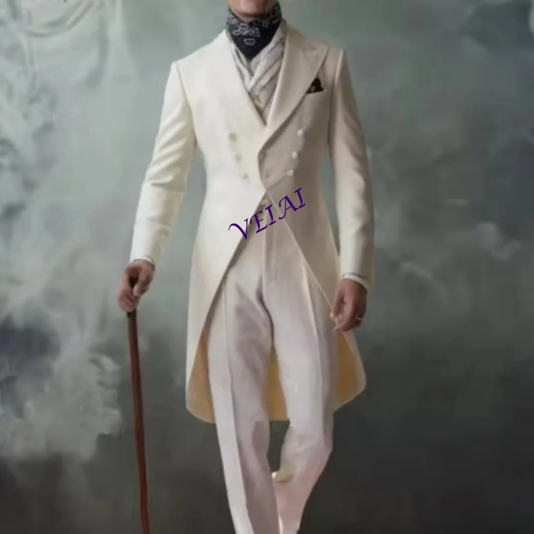 Customized White Men's Tuxedo Suit 2 Piece Set Long Jacket Business Formal Groom Groomsman Wedding Party Prom Clothing