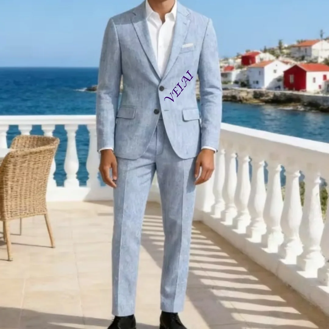 Customized Soft Sky Blue Linen 2PCS Suit Slim Cut Notch Lapel Jacket with Pants Versatile Smart Casual Beach Wedding Outfit