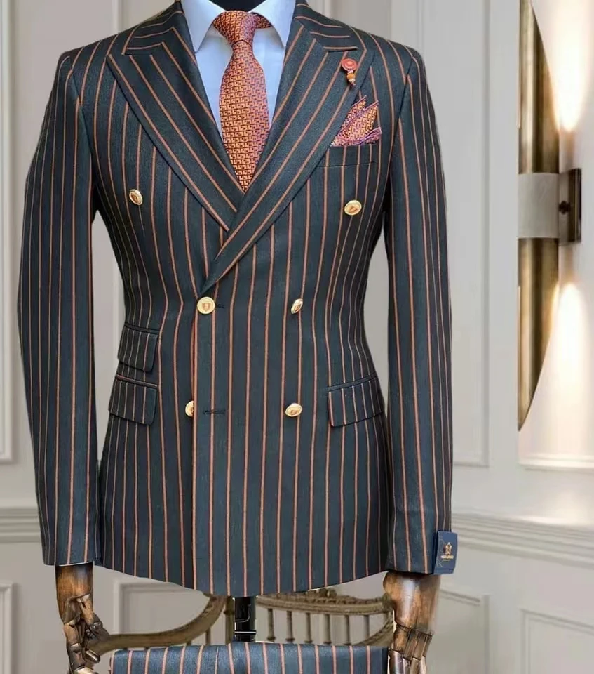 Allingentle Men's Suits Stripe Business Blazer Sets 2 Pcs Male Coat with Pants Double Breasted Jacket Pantsuits Customized