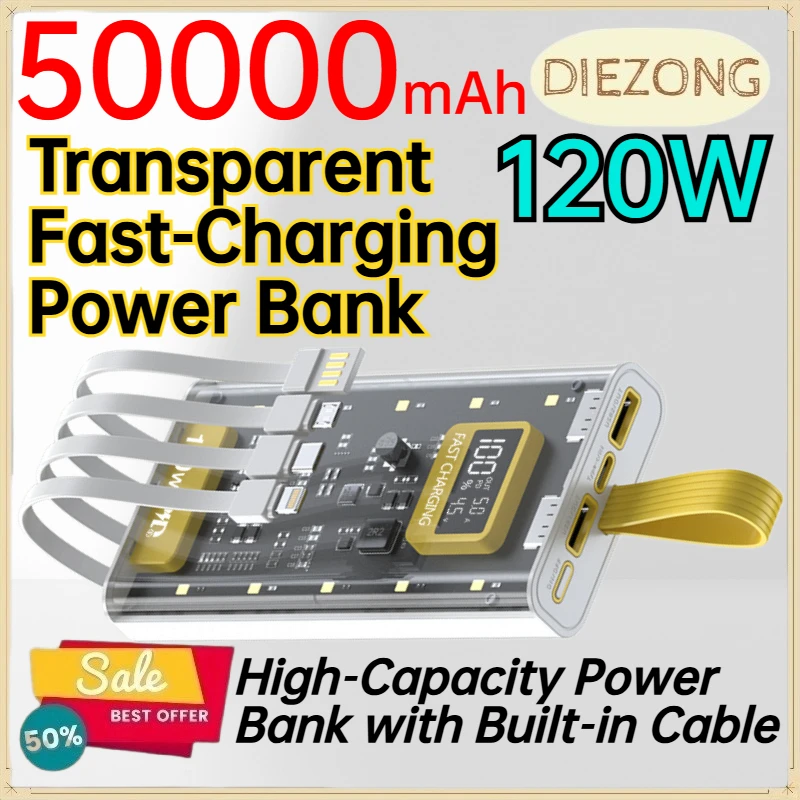 50000mAh 120W Transparent Fast‑Charging Power Bank for IPhone Tablet High‑Capacity Power Bank with Built‑in Cable