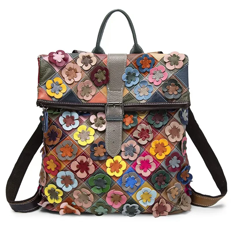 Vintage Women Genuine Leather Backpack Flower Real Cow Leather Shoulder Bags Fashion Patchwork Ladies Cowhide Travel Bagpack