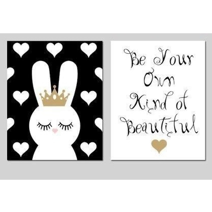 Quadros decorativos Coelho com Coroa e Frase Be Your Own Kind Of Beautiful (2 peças)