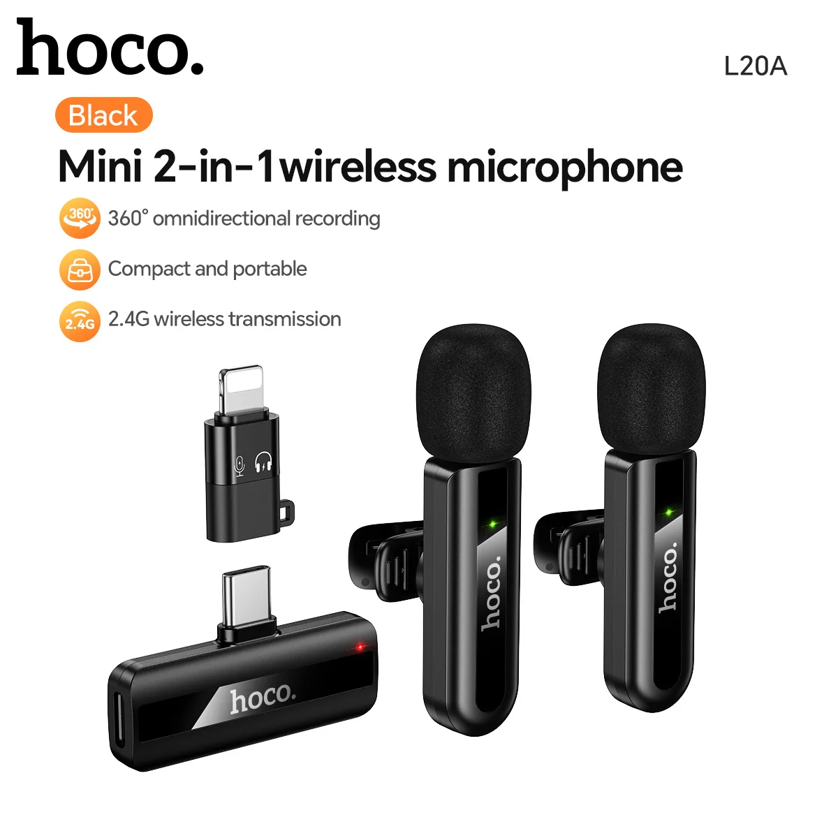HOCO L20A Wireless Lavalier Lapel Mirophone Noise-cancelling Rechargeable Mic for iPhone Android Camera Live Streaming Vlogging