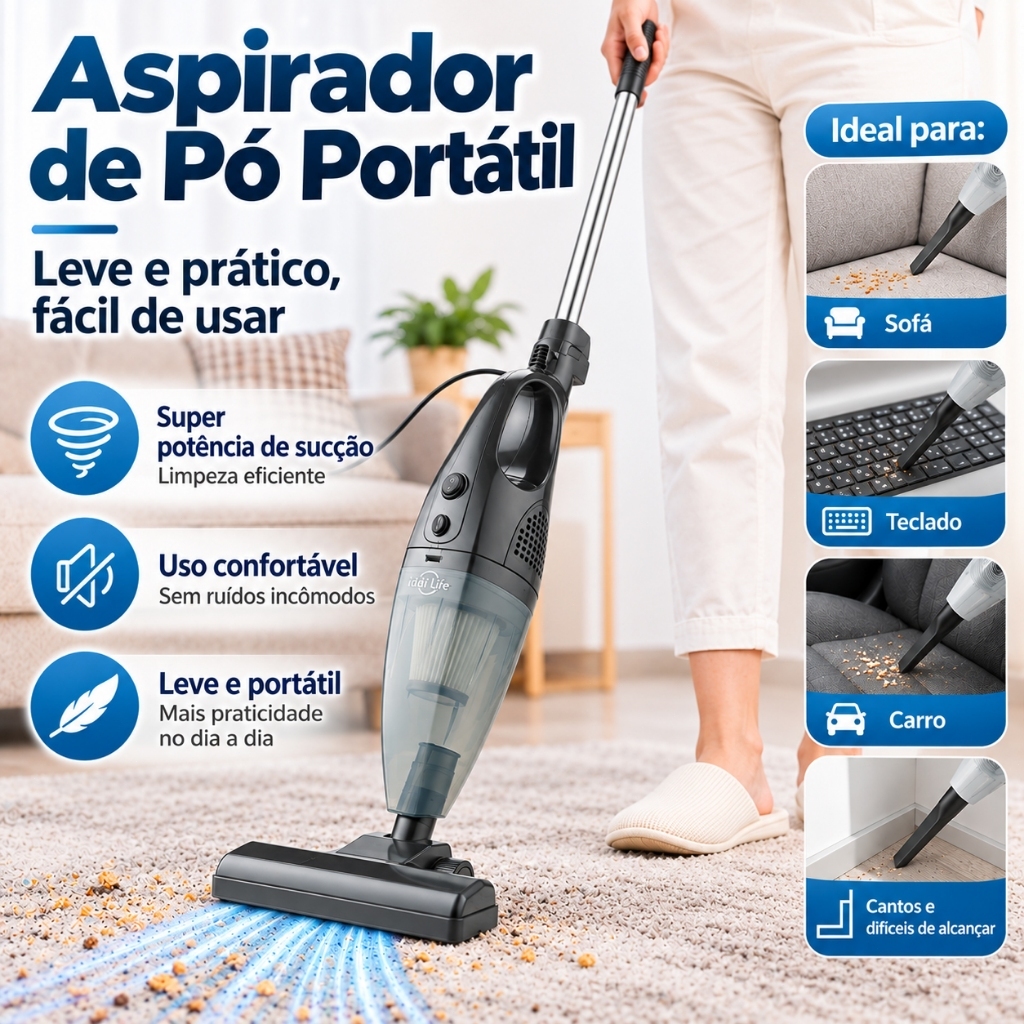 Aspirador de Pó Doméstico Vertical Portátil Sucção Forte 14000PA 127V Design Ergonômico para Limpeza Rápida e Eficient