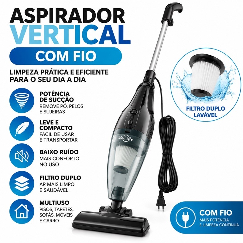 Aspirador de Pó Doméstico Vertical Portátil Sucção Forte 14000PA 127V Design Ergonômico para Limpeza Rápida e Eficient D