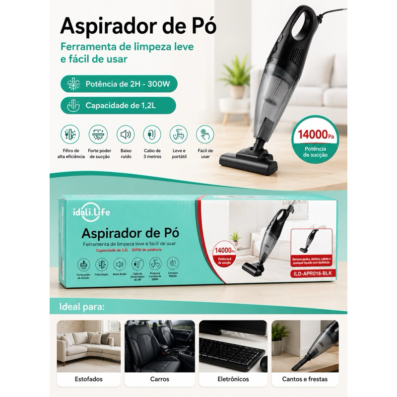 Aspirador de Pó Vertical Portátil Limpeza Uso Domestico Sucção Forte 14000PA Idali Life PRODUTO REEMBALADO