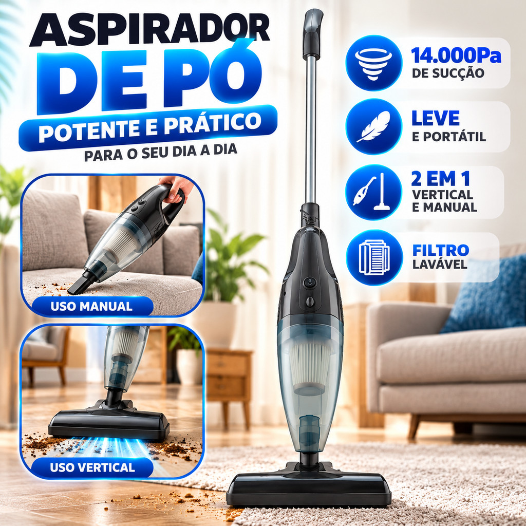 Aspirador de Pó Manual e Vertical com Sucção de 14000Pa para Uso Doméstico Portátil 127V