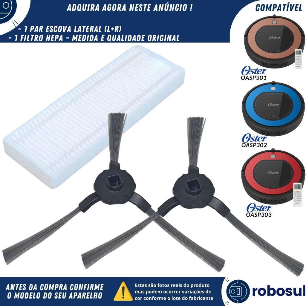 Par Escova Lateral Filtro Hepa Robo Aspirador Oster OASP301 OASP302 OASP303