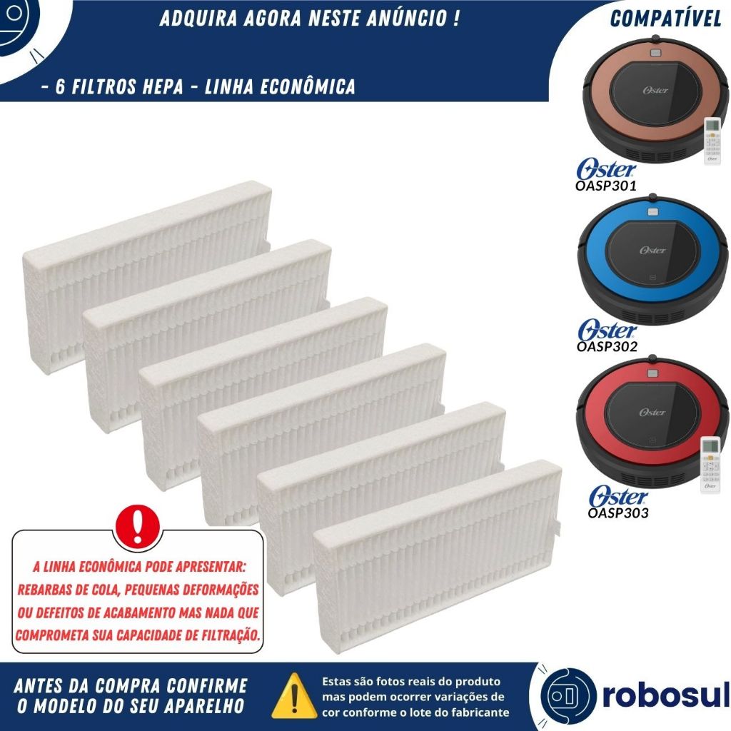 Kit 6 Filtros Hepa Robo Aspirador Oster OASP301 OASP302 OASP303 - LINHA ECONOMICA
