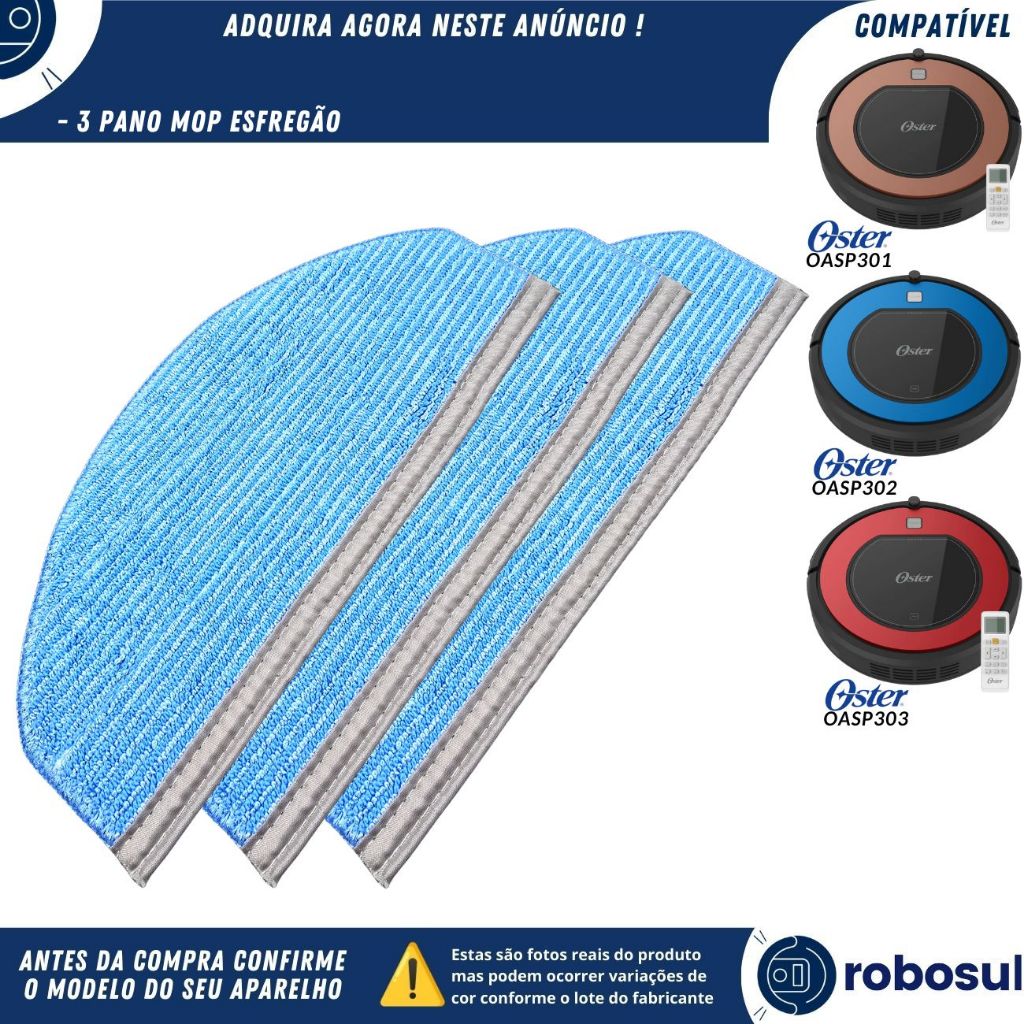 Kit 3 Panos MopEsfregão Flanela Para Robo Aspirador Oster OASP301 OASP302 OASP303