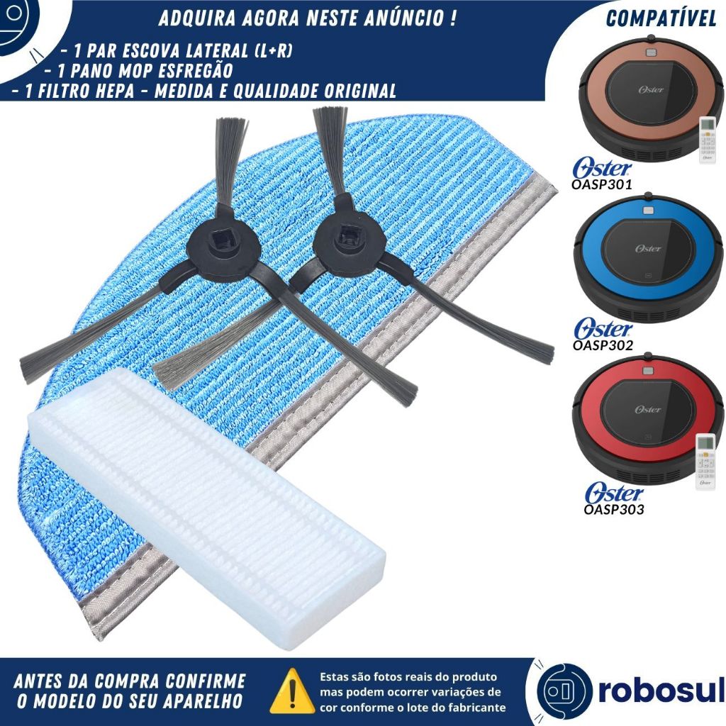 Escovas Filtro e Mop Para Robo Aspirador Oster OASP301 OASP302 OASP303