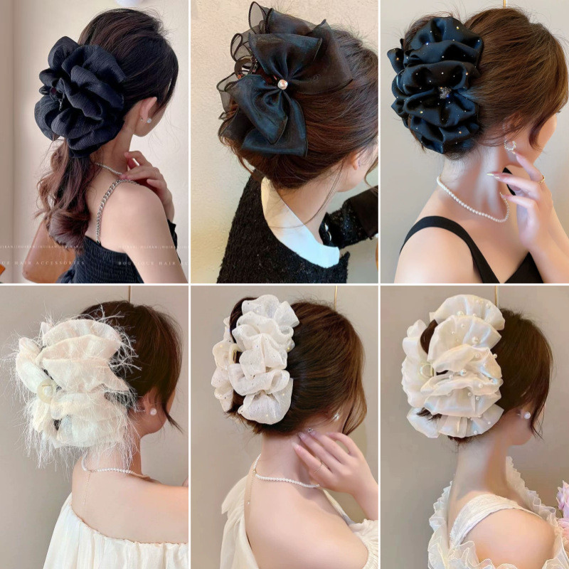 Grampo de cabelo de tecido fofo Gypsophila Lace Seersucker Bow Grab Clip