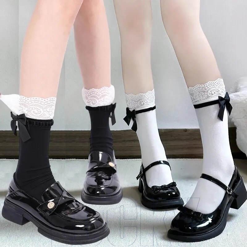 Meias Lolita Lace Bow De Comprimento Médio – JK Japonesas De Proteção Solar Para Pernas Tubo Com Fita Bowknot Respirável