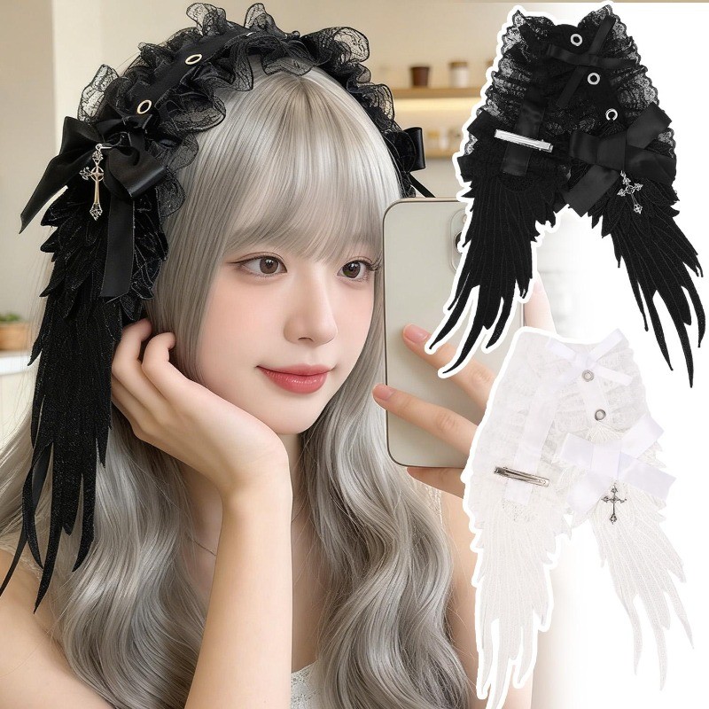 2-1Pc Lolita Lace Headband-Cosplay Head Wrap-Gótico Dark Angel Headwear-Bow Headdress-Hair Hoop-Ruffle Fold Acessórios D