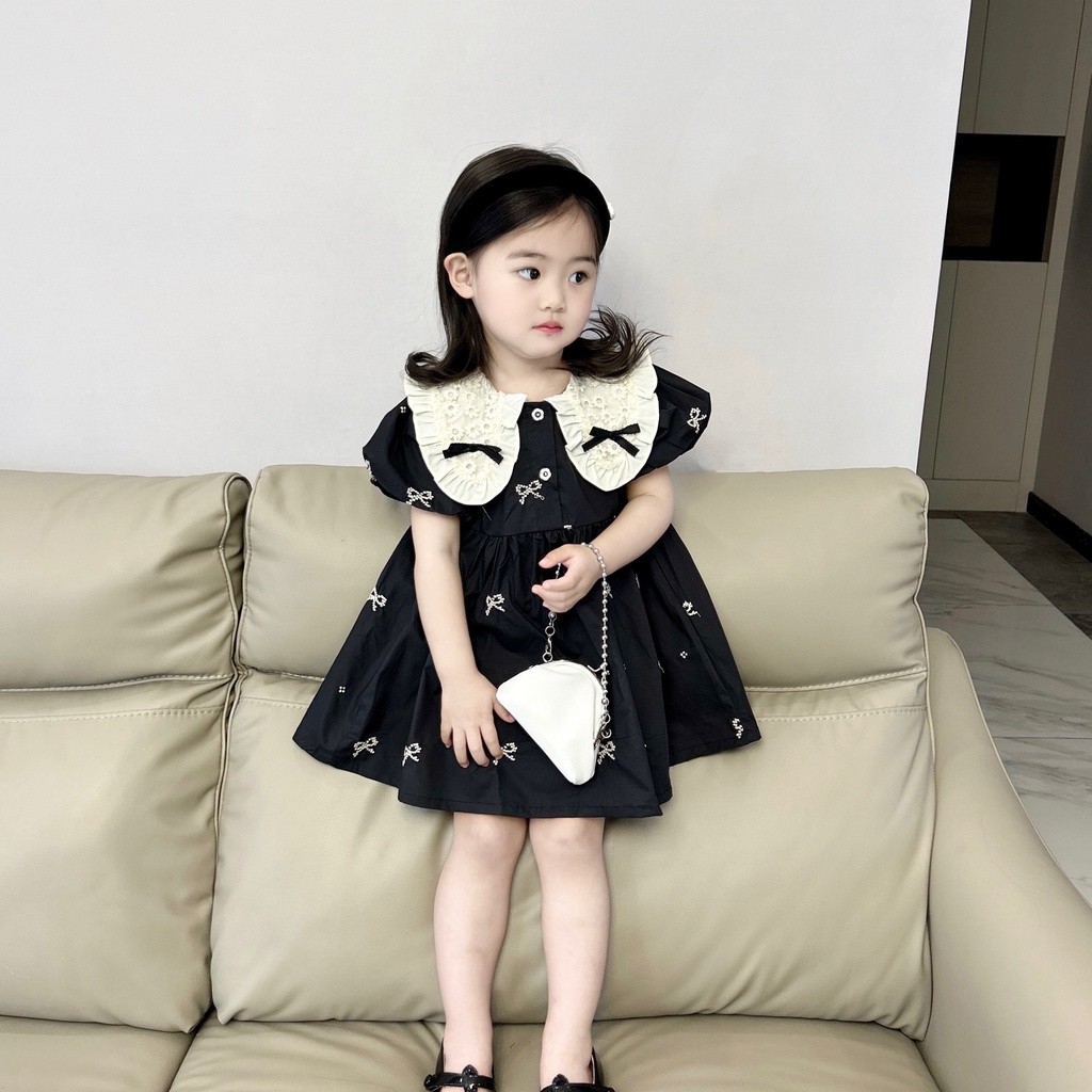 Baby Kids Girl Lace Collar Bow Summer Dress Black Short Sleeve Dresses