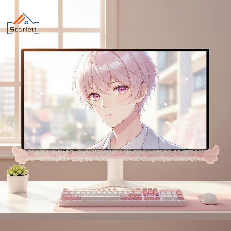 [Scarlett] Faixa De Decoração De Monitor De Computador Stiers Cute Bow Lace Wings Design Fácil De Remover Para Dormitóri