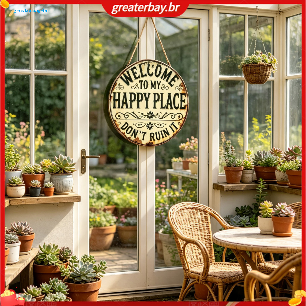 Vintage Rustic Metal Wall Sign Welcome to My Happy Place Round Hanging Door Plaque for Indoor Outdoor Home Office Cafe Y