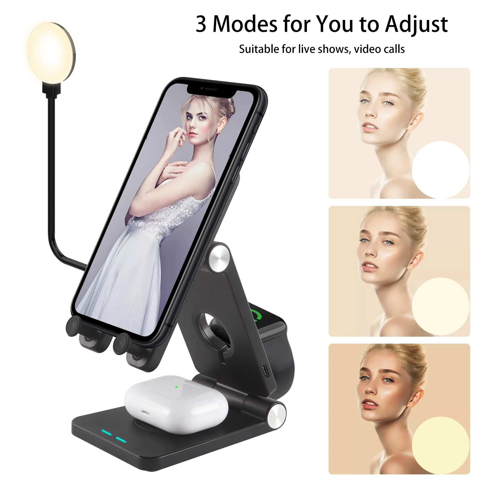 4 in 1 Wireless Charger Phone Watch Earphone Night Light Phone Holder Wide Compatible Simultaneous Charging Portable