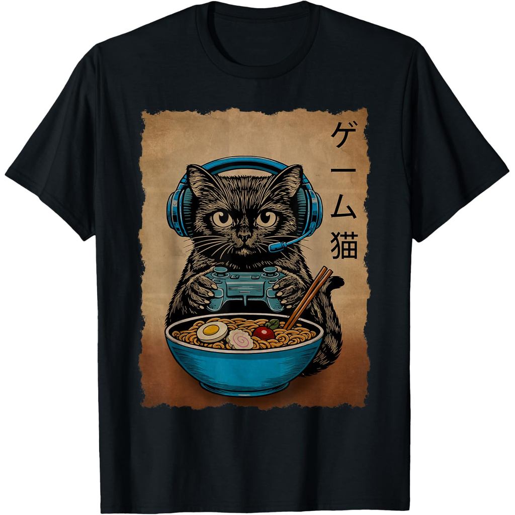 Quirky & Fun Anime Cartoon Ramen Cat Gaming Japonês Engraçado Adolescentes Meninos Presentes Gamer Camiseta Unissex Cama