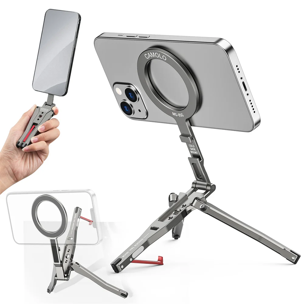 CAMOLO Magnetic Tripod w Fence-Mounted Cold Shoe Phone Holder Desk Stand for Magsafe iPhone 16 15 14 13 12 Pro/Pro Max Android