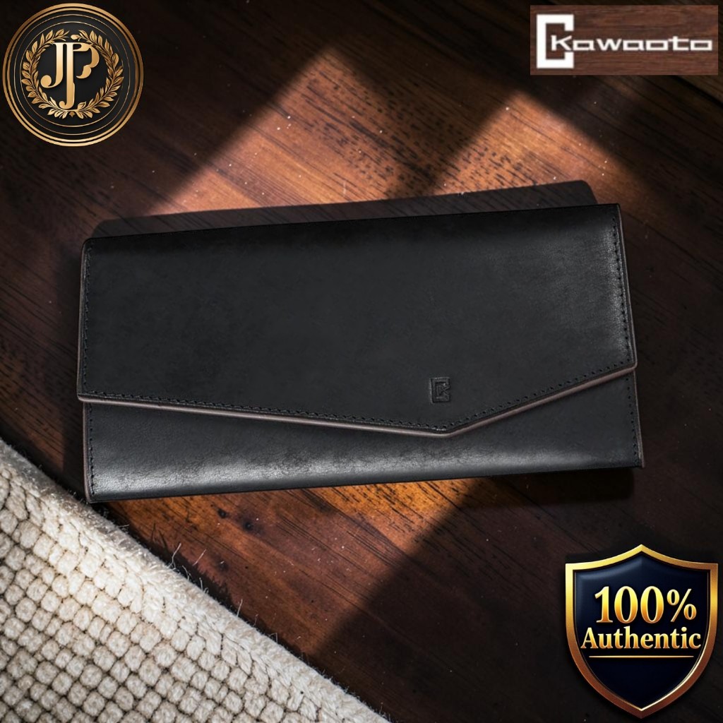 Kawaoto Men’s Long Wallet, Pueblo Genuine Leather, Made in Japan, Slim Compact Flap-Over Design with 12 Card Slots and Z