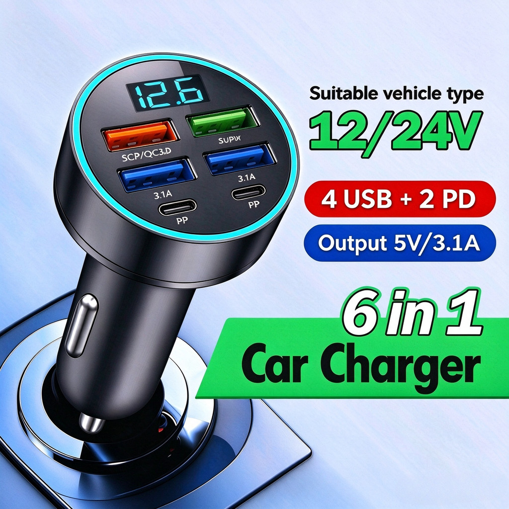 Carregador de carro com 6 portas USB Type-C, carregamento rápido 3.0, com visor digital, para carregar telemóveis no car