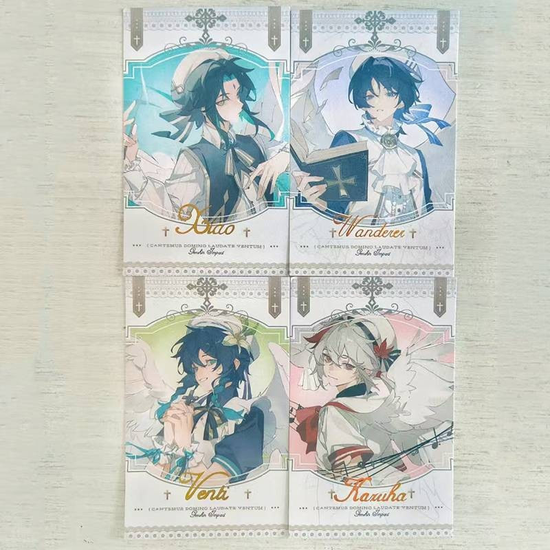 4 Pçs/Set Genshin Impact Anime Cartão Laser Wanderer Kabukimono Balladeer Xiao Barbatos Kaedehara Kazuha Cosplay Cantos