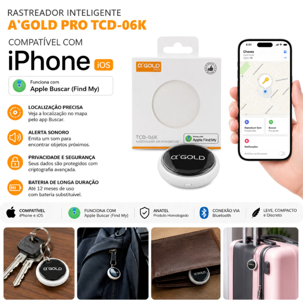 Tag Rastreador α Gold Pro TCD-06K- Localizador Inteligente, Compatível c/ Apple Find My (iOS) - Crianças, Pets e objetos