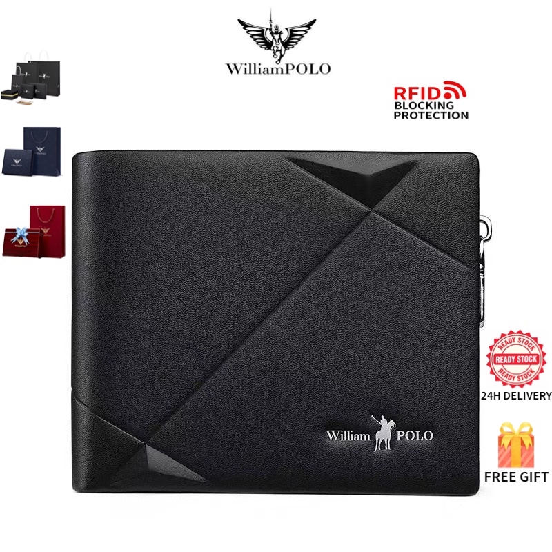 WilliamPOLO Carteira Masculina De Couro Curto Negócios Casual Multi-Clipe Com Zíper Multifuncional