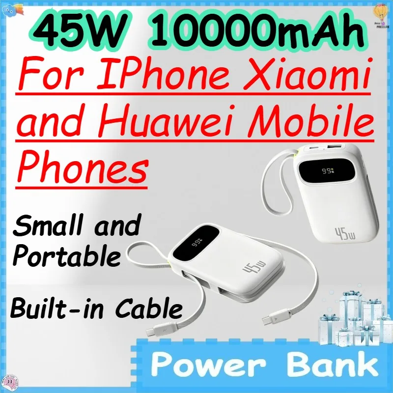 45W 10000mAh Power Bank with Built-in Cable for IPhone Xiaomi and Huawei Mobile Phones Small and Portable PowerBank