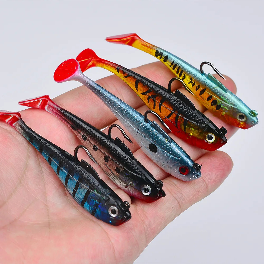 KIT COM 5 ISCA ARTIFICIAL SOFT SHAD COM JIG HEAD E CAUDA EM T PARA PESCA