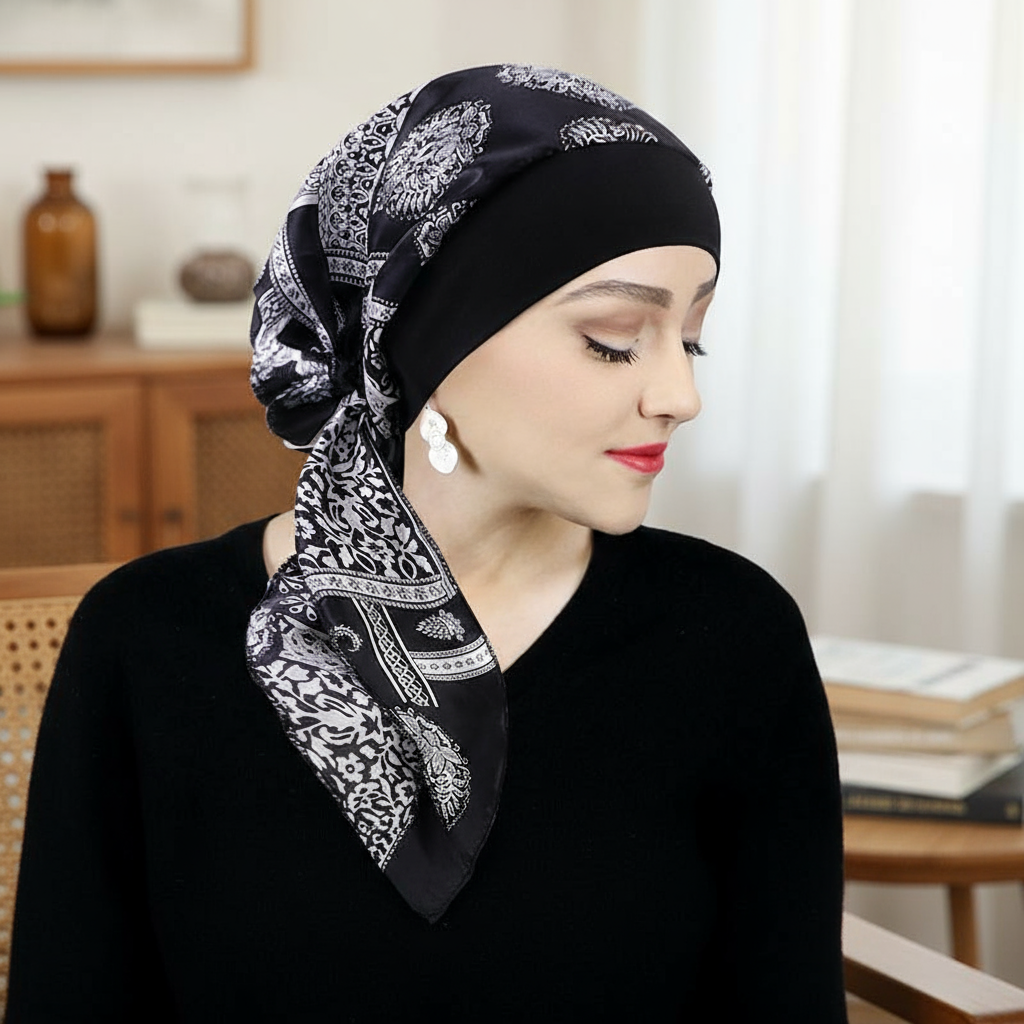 Turbante Vintage Sedoso para Mulheres - Touca Elástica Larga para Quimioterapia e Queda de Cabelo, Multifuncional