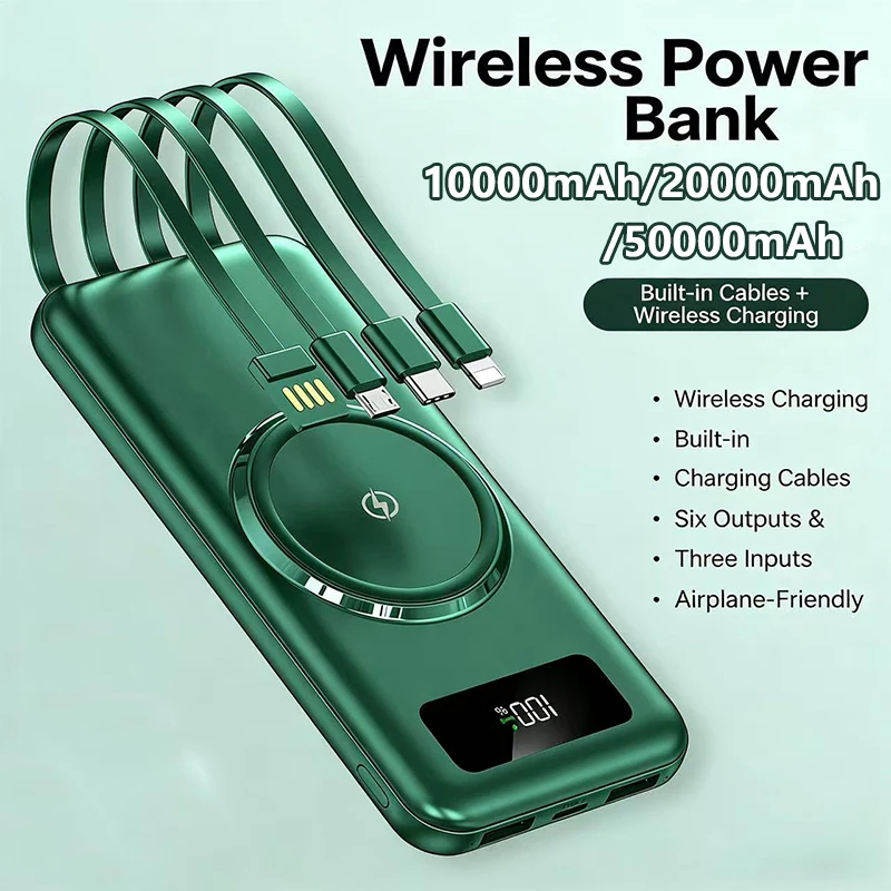 Power Bank 50000mAh Qi Wireless Charger Powerbank Built in Cable Portable Charger for iPhone 17 Samsung Huawei Xiaomi Poverbank