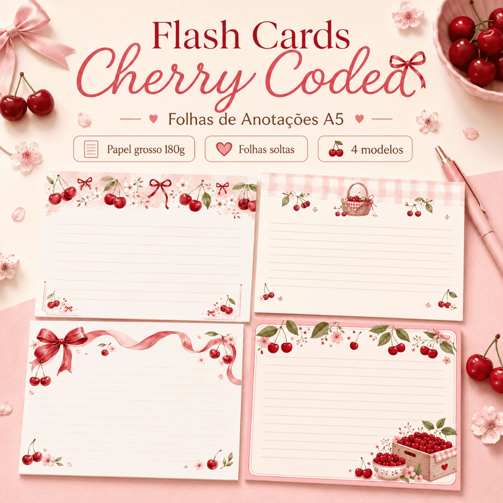 Folhas de Anotações A5 Cherry Coded Cerejinha | Flash Cards Papel Grosso 180g