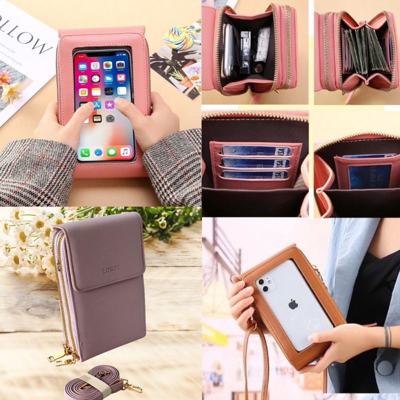 Bolsa Carteira Transversal Feminina em Couro Com Compartimento Para Celular Sensível ao Toque ACG