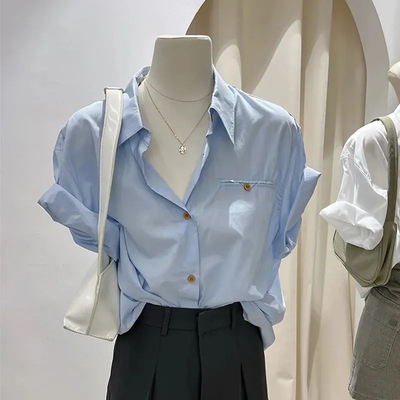 Camisa azul de algodão puro feminina de manga curta verão fino Casual solto simples camisa Design sentido versão coreana