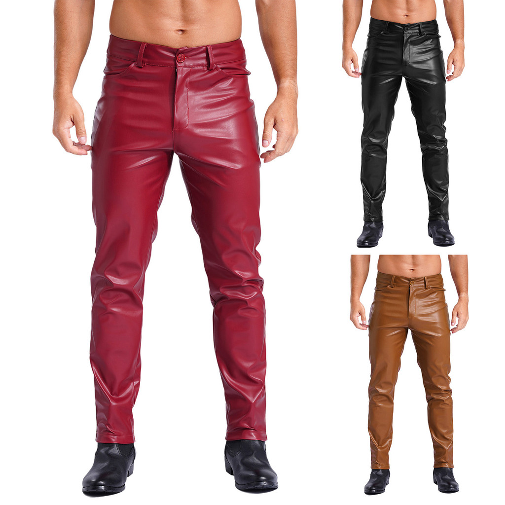 inhzoy Mens Stylish Faux Leather Pants Pockets Smooth Lining Straight Pants Tights Leggings for Daily Wear Music Party