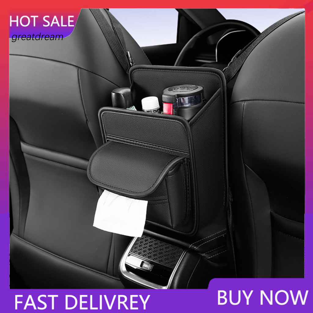Car Storage Bag Multi-compartment Faux Leather Seat Gap Organizer with Dual Access Console Net Hanging Pouch for Back Ti