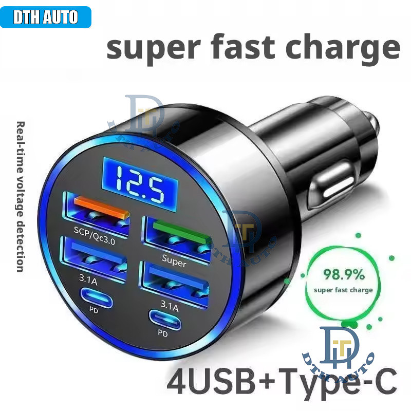 Carregador Veicular DTH com Display Digital LED 100W Adaptador Rápido 6 em 1 4 Portas USB 2 Portas Tipo-C PD Estação de