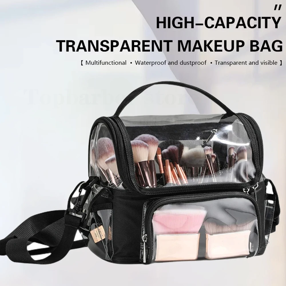Makeup Brush Holder Backpack Makeup Artist Travel Case Clear Waterproof Cosmetic Organizer Bag With Adjustable Strap Divider
