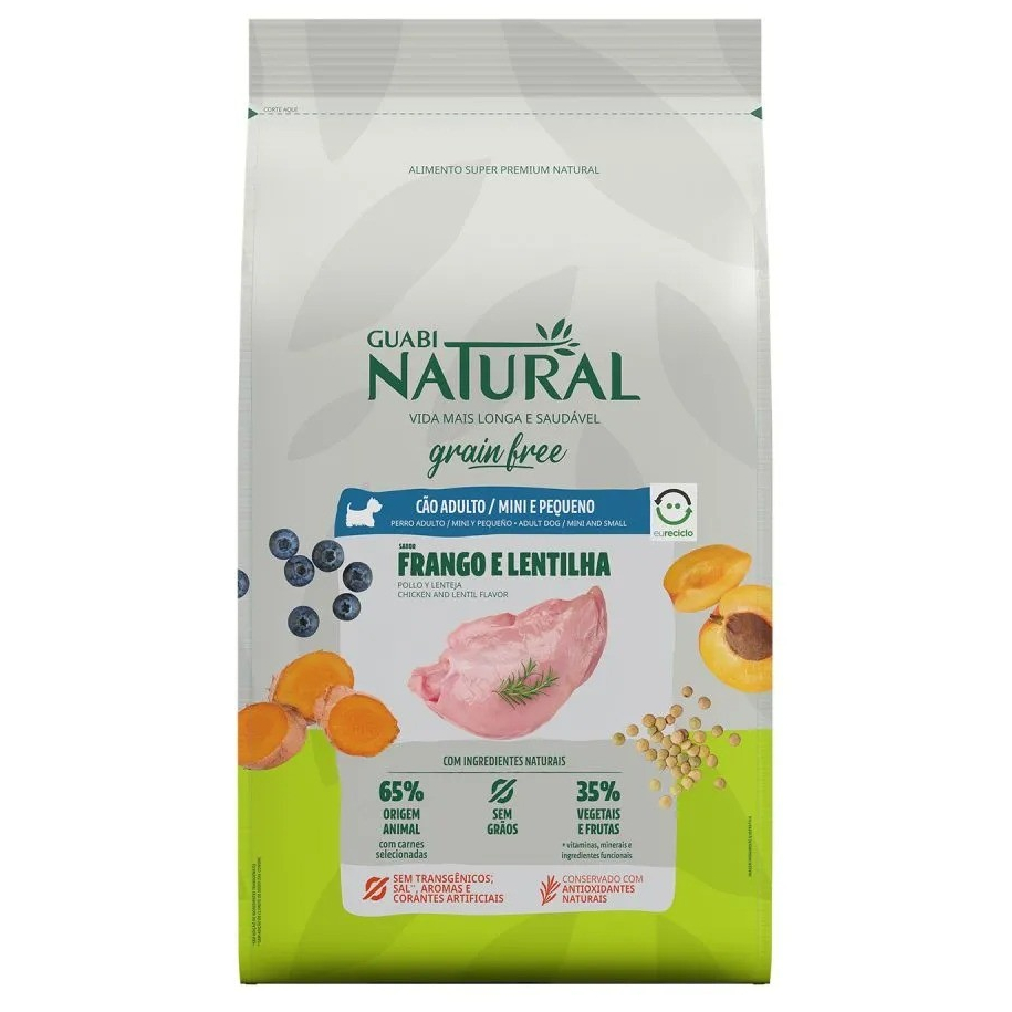 RAÇÃO GUABI NATURAL GRAIN FREE CÃES ADULTOS RAÇAS MINI E PEQUENOS FRANGO E LENTILHA 10.1KG