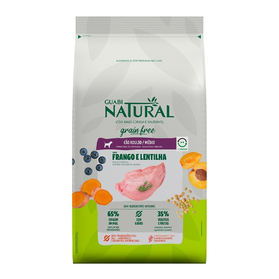 RAÇÃO GUABI NATURAL GRAIN FREE CÃES ADULTOS PORTE MÉDIO FRANGO E LENTILHA 2.5KG