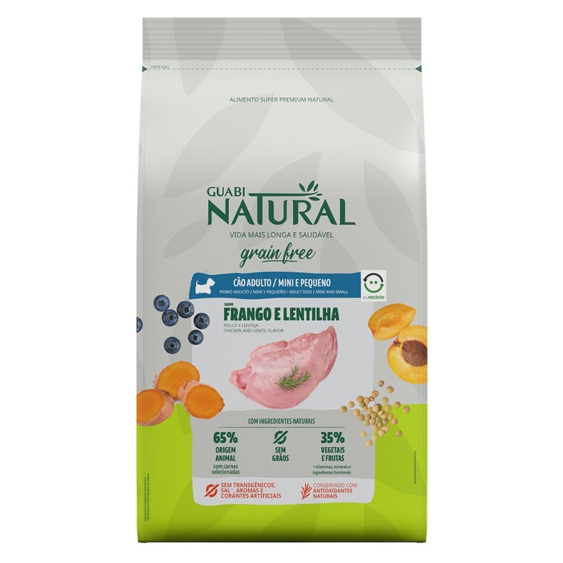 RAÇÃO GUABI NATURAL GRAIN FREE CÃES ADULTOS PORTE MINI E PEQUENO FRANGO E LENTILHA 1KG