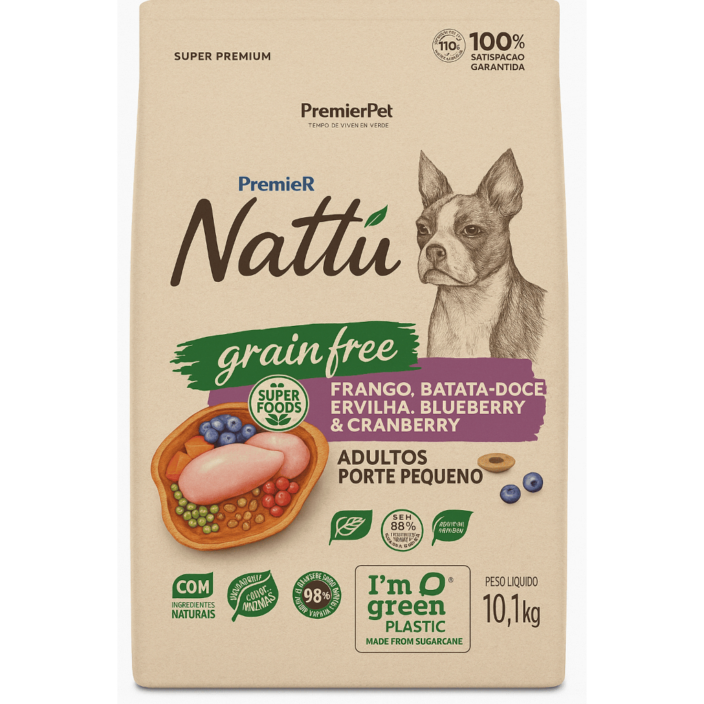 RAÇÃO PREMIER NATTU GRAIN FREE CAES ADULTOS PORTE PEQUENO FRANGO 10.1KG